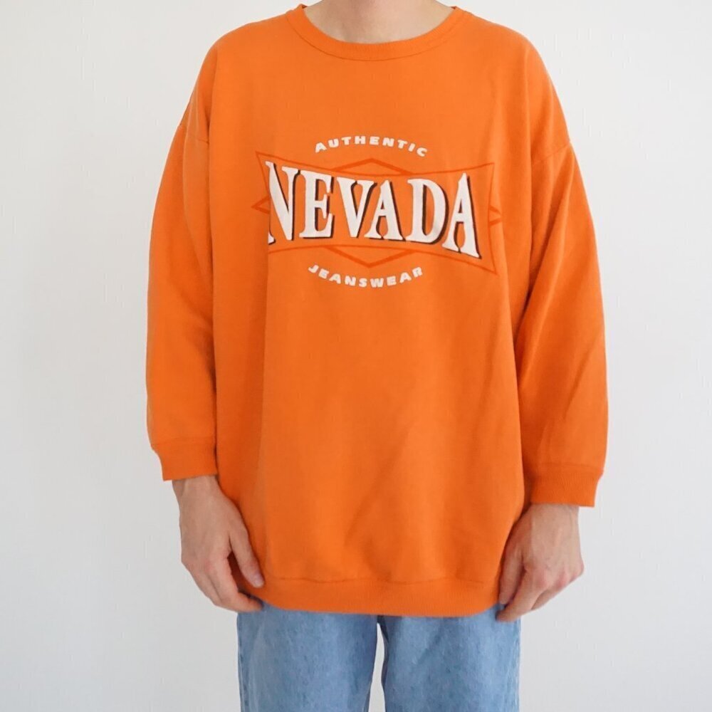 Vintage '90s Nevada Jeanswear Orange Graphic Spell Out Sweatshirt Size Medium